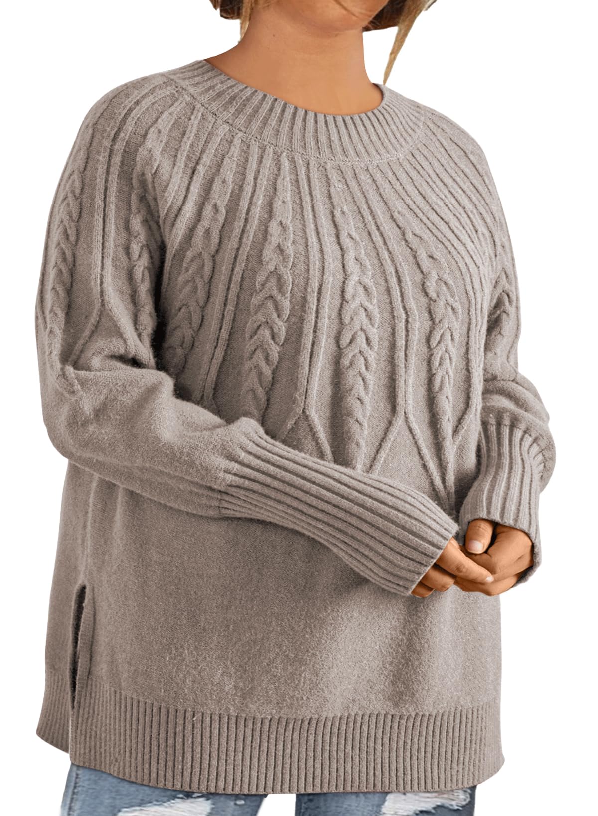 EytinoWomens Plus Size Sweater Casual Long Sleeve Crew Neck Slit Hem Cable Knit Chunky Tunic Jumper Tops(1X-5X)