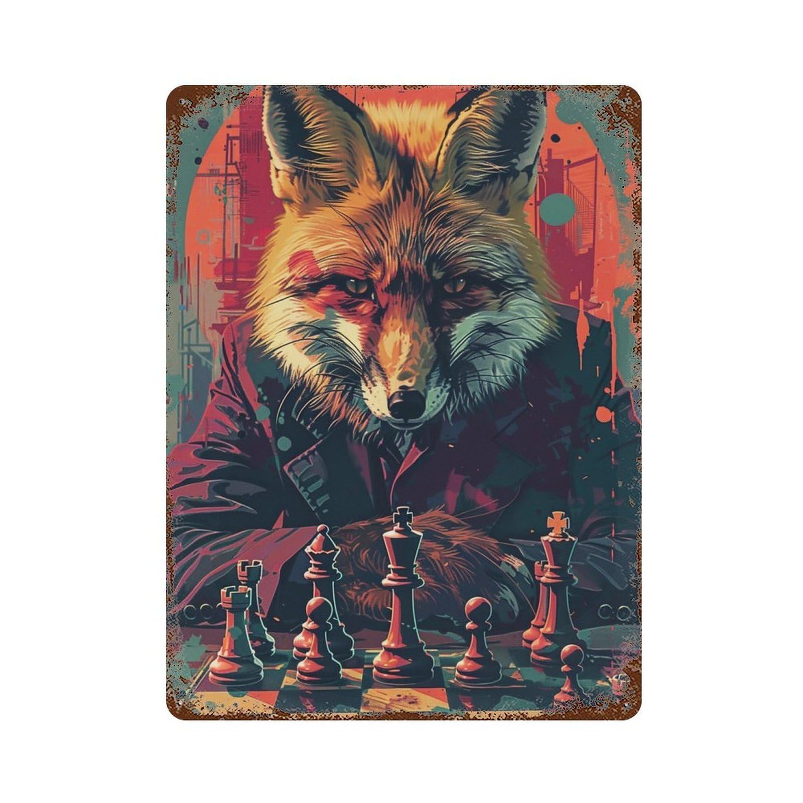 Fox Master Chess Game Art Print Retro Metal Sign 15.7"x11.8", Shabby Chic Decor for Bistro, Counter And Cafe Decor