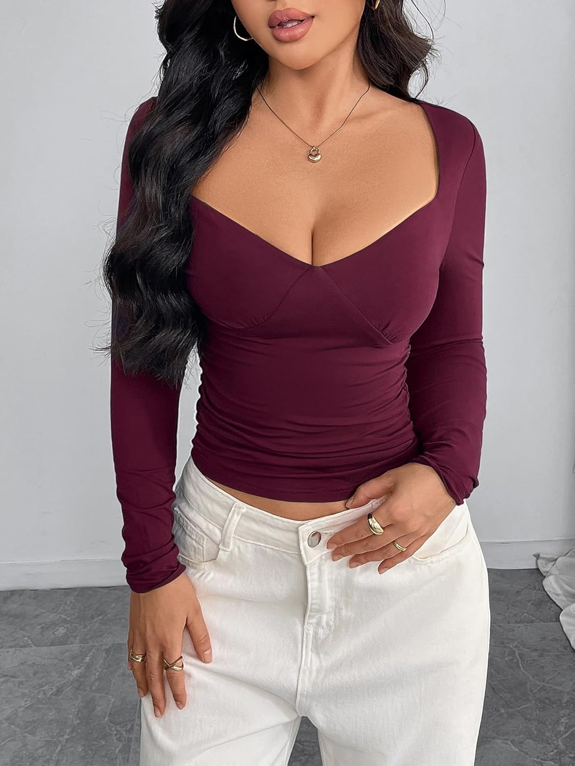 Women's Sexy Deep V Neck Tops Summer 2026 Long Sleeve T-Shirt Slim Fitted Solid Y2K Going Out T Shirts Top Y54 - Image 2