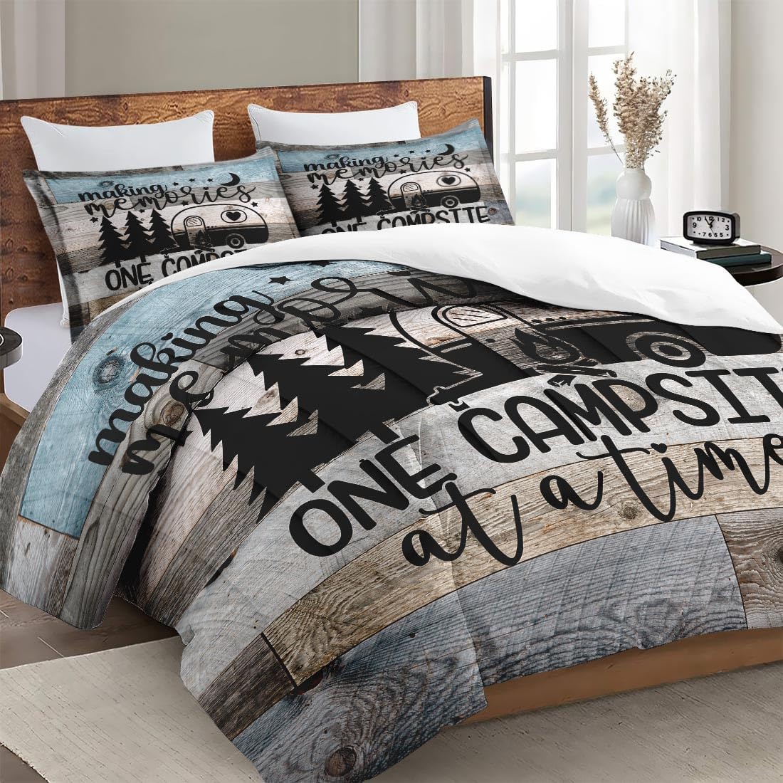 Queen Size Comforter Set with 2 Pillowcases, Inspirational Vintage Winter Retro Camp Soft 3 Pcs Bedding Set for Kids and Adults Bedroom Bed Decor - Image 3