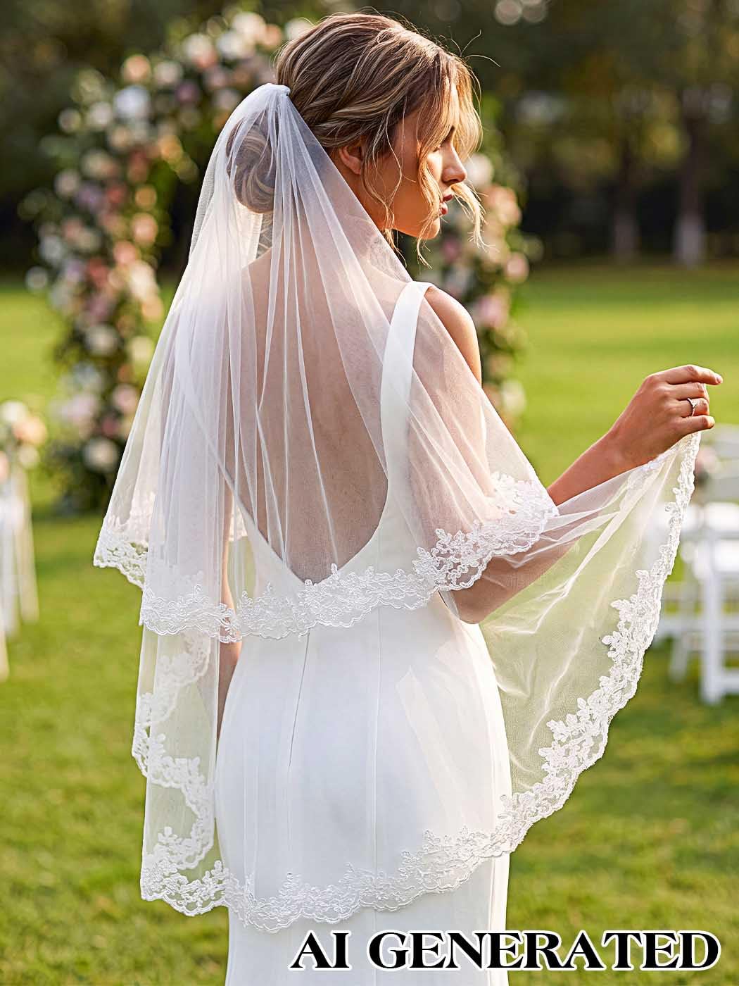 IYOU Weiß Hochzeit Braut Schleier 2-stufig Blume Tüllschleier Spitze Applikationen Fingerspitze Länge Brautschleier mit Kamm zum Frauen (Elfenbein)