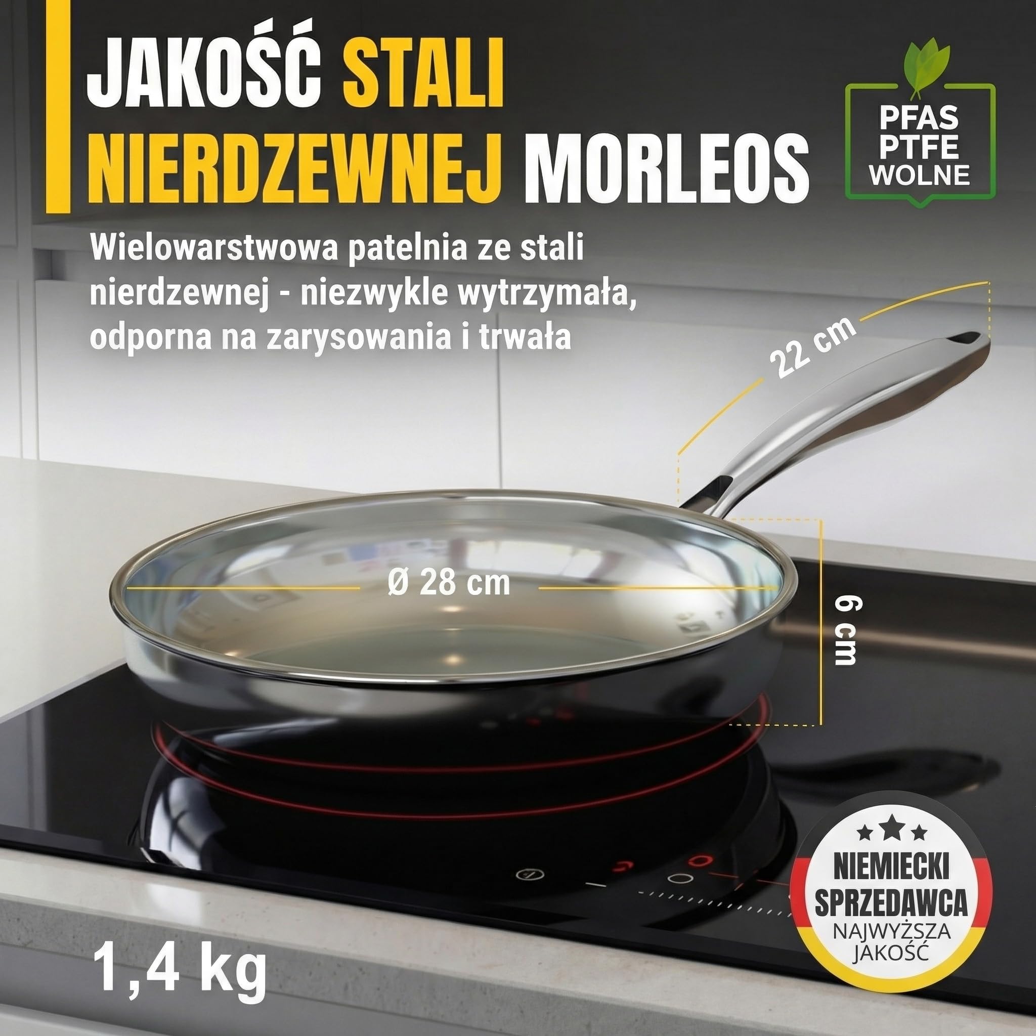 Patelnia ze stali nierdzewnej 28 cm, bez powłoki | 5 warstw - 3 mm - 1,35 kg | Patelnia ze stali nierdzewnej 18/10 do indukcji | Można myć w zmywarce i używać w piekarniku do 400°C