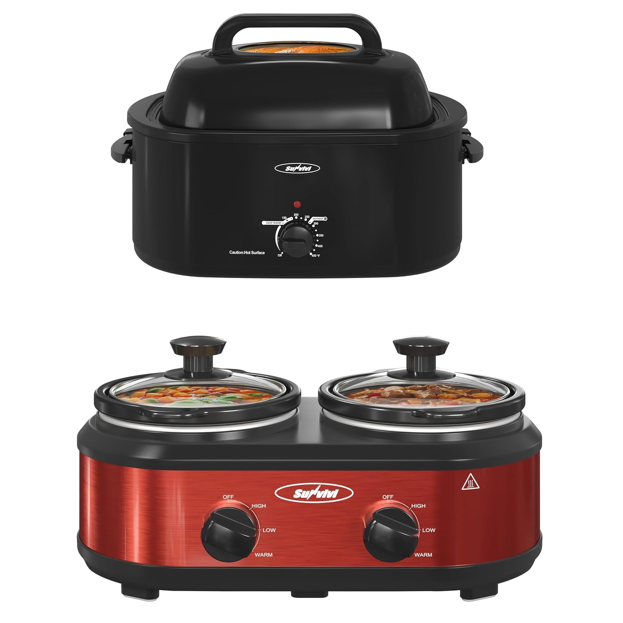 Sunvivi Roaster Oven and Slow Cooker Turkey Roaster 24 QT with Unique Defrost Warm Function Black 2 Pot
