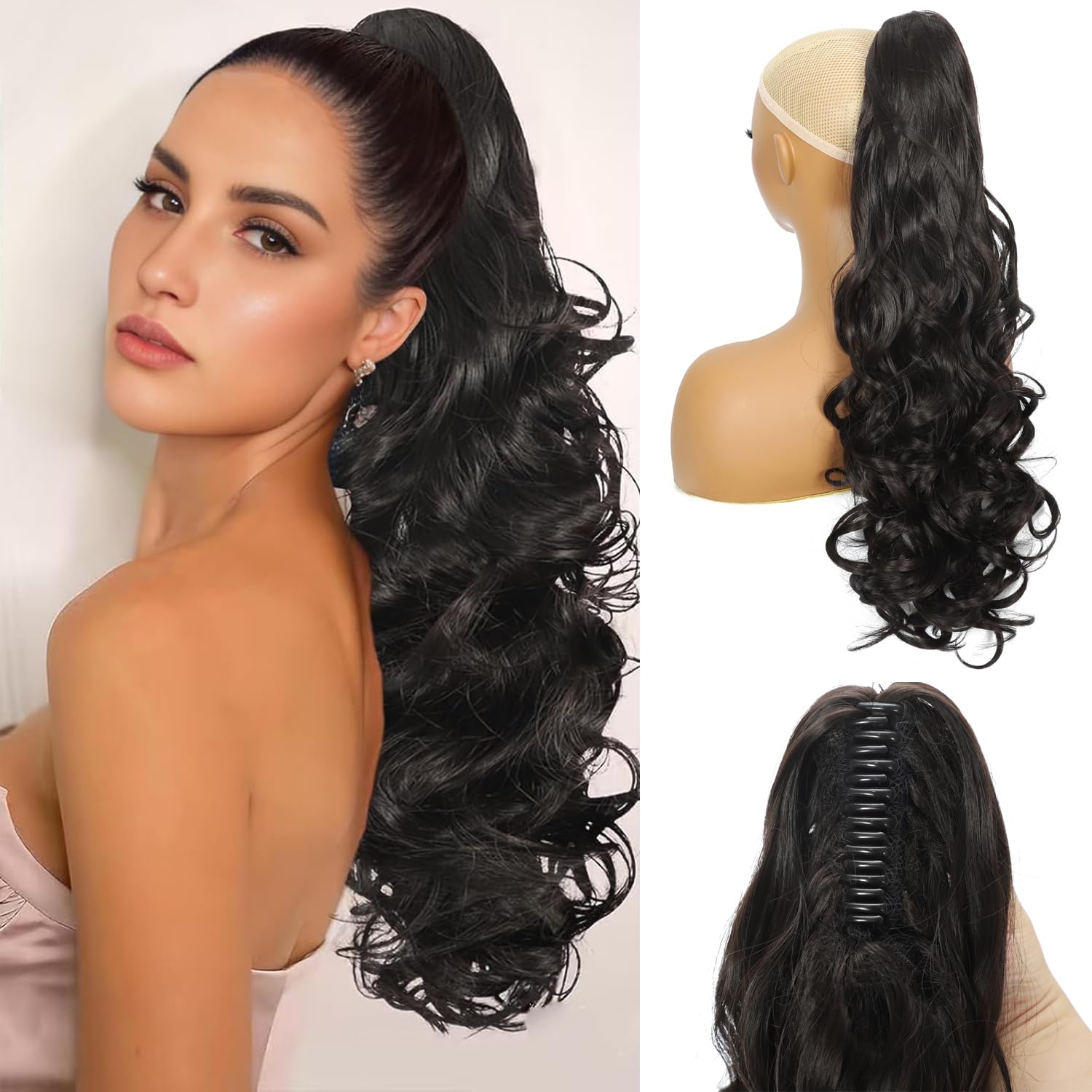 Ponytail Extension 24 Inch Long Curly Wavy Claw Clip in Ponytail Hair Extensions for Women 190g Synthetic Claw Pony Tail Hair Pieces for Women (Dark Chocolate Brown