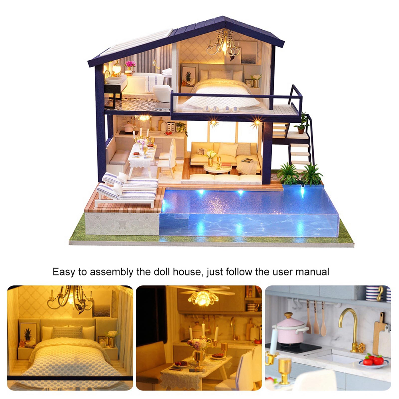 Cjeuxnr DIY miniatuur huis kit houten poppenhuis klein huis 3D puzzel creatieve kamer met meubels en LED-licht voor verjaardag thuis bureau decor (#112