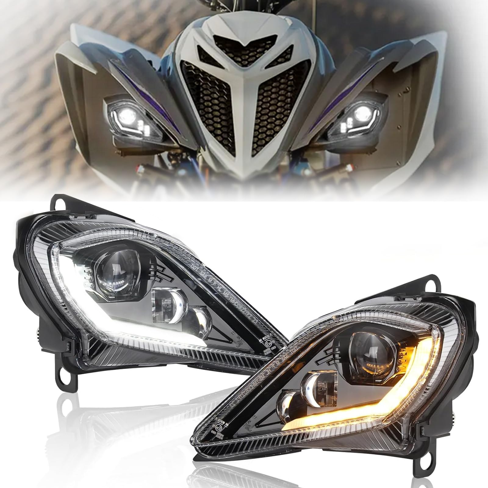 DREAMIZER Phare LED pour Moto 64W DOT de Croisement et Route DRL Blanc avec Clignotant Intégré Ambre pour Yamaha ATV Raptor 700 2006-2022 YFZ 450 YFZ450R YFZ450X Wolverine 450