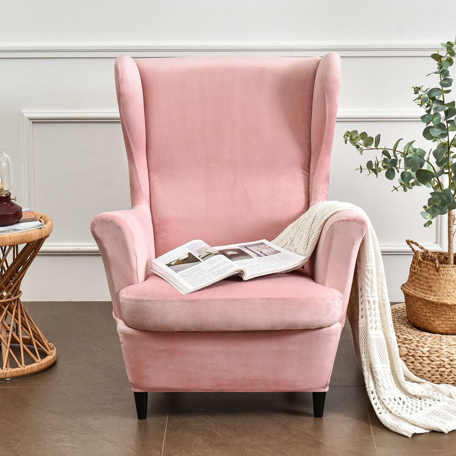 Funda elástica de terciopelo para silla orejera color rosa suave