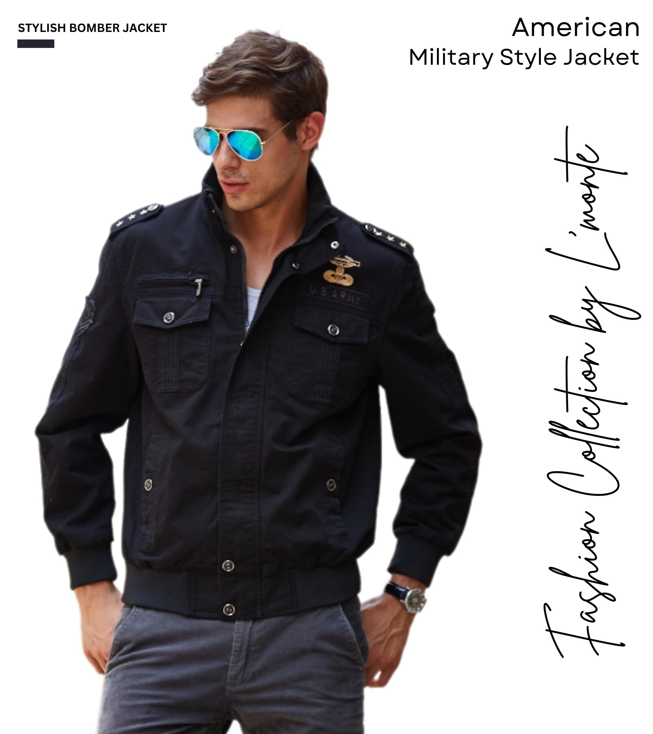 L'MONTE Men's Imported Military Style Standard Length Cotton Cargo Jacket with Polyester Lining, Windproof and Warm Casual Outdoor Coat Perfect for Early to Late Winter (L, Black) 2