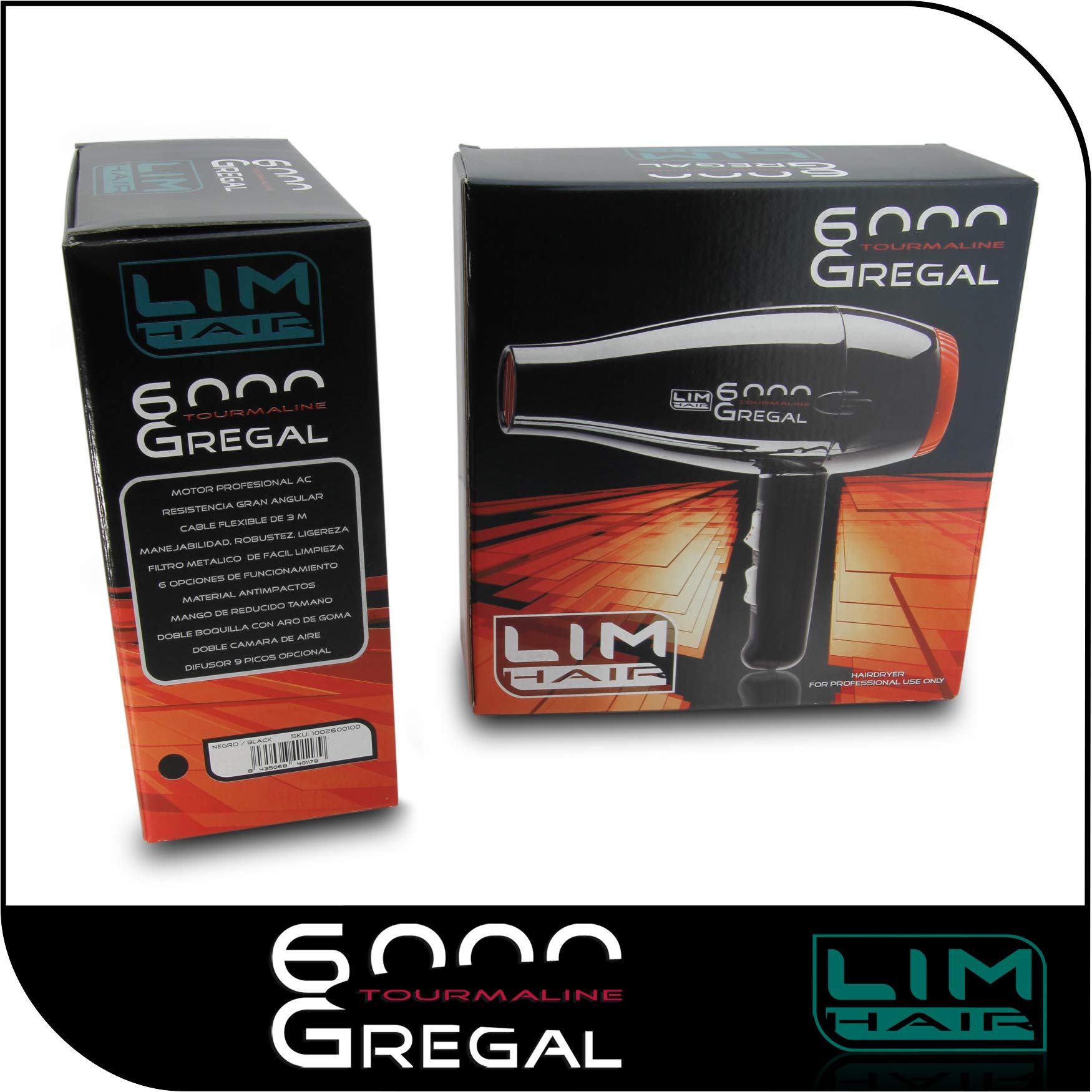 Secador de cabello LIM HAIR GREGAL 6000. Made in Spain. Alta potencia 2350 W. Profesional para salón peluquería. Mango reducidas dimensiones. Doble boquilla