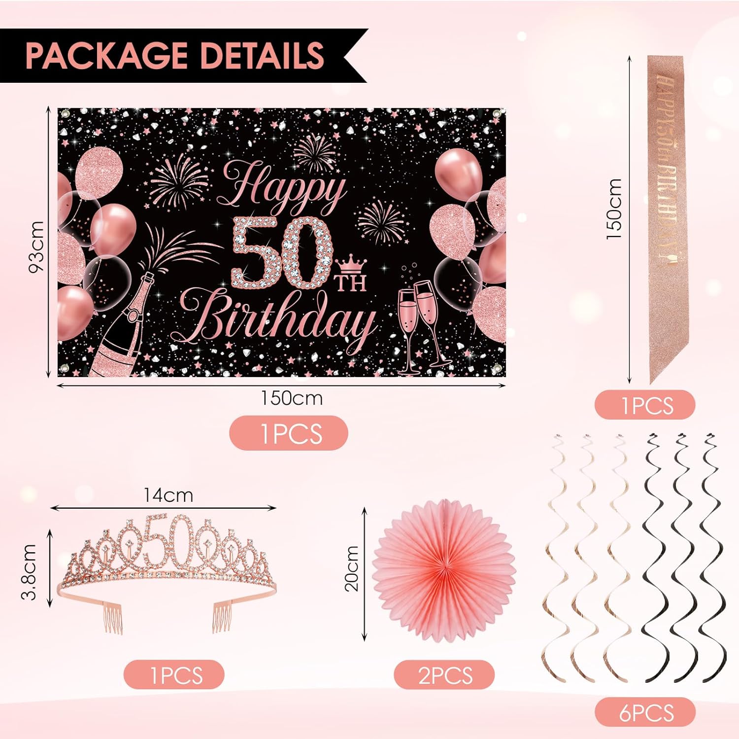 50th Birthday Decorations for Women, Rose Gold 50 Birthday Crown and Sash, Black and Pink 50 Years Banner Balloons Backdrop Hanging Swirls Paper Fans, 50 Years Old Party Supplies - Image 2