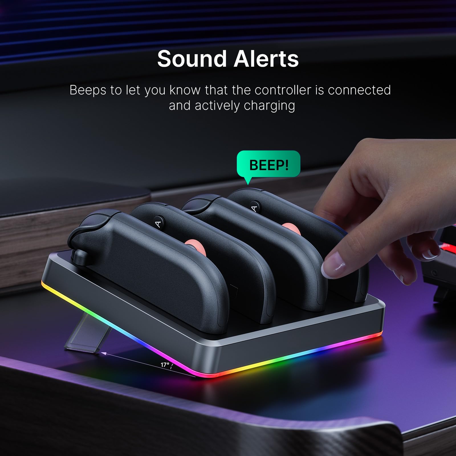 NexiGo Verbesserte Controller-Ladestation kompatibel mit Nintendo Switch 2, Ladestation für Joy-Cons mit Mehreren RGB-Lichtmodi, Tonbenachrichtigungen, LED-Anzeigen, integriertem Ständer