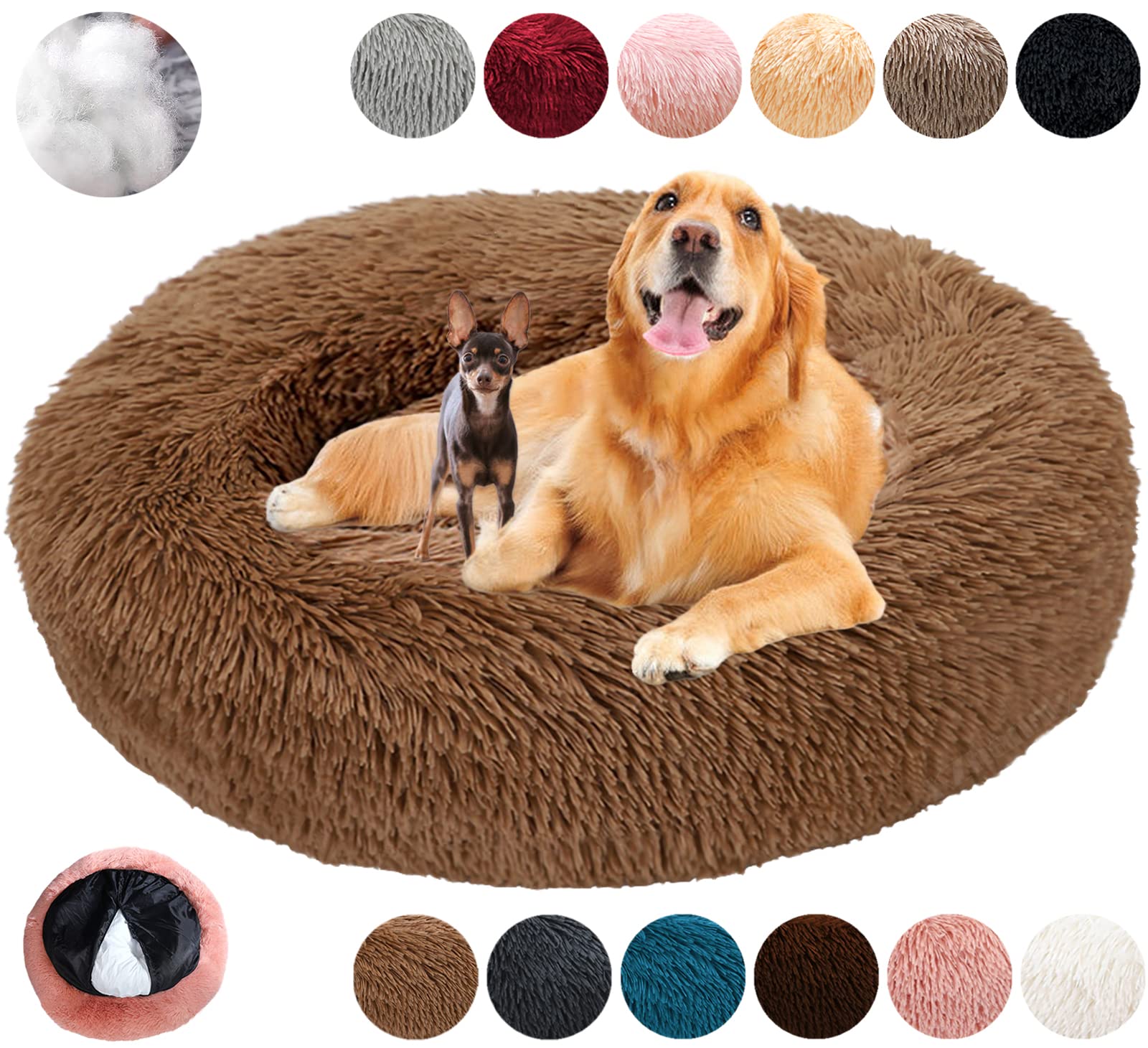 KZhanmy Washable Calming Dog Bed Fluffy Plush,Comfy Round Donut Cat Bed 50 60 70 80 100 120cm Pet Bed,Warming Anti Anxiety with Removable Cushion