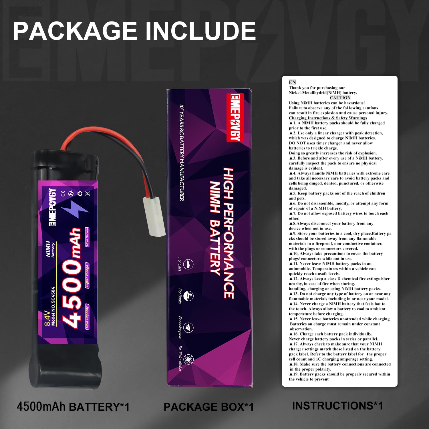 Batterie NiMH 8,4 V RC Capacité 4500 mAh Batterie plate rechargeable 7 cellules avec prise TMY