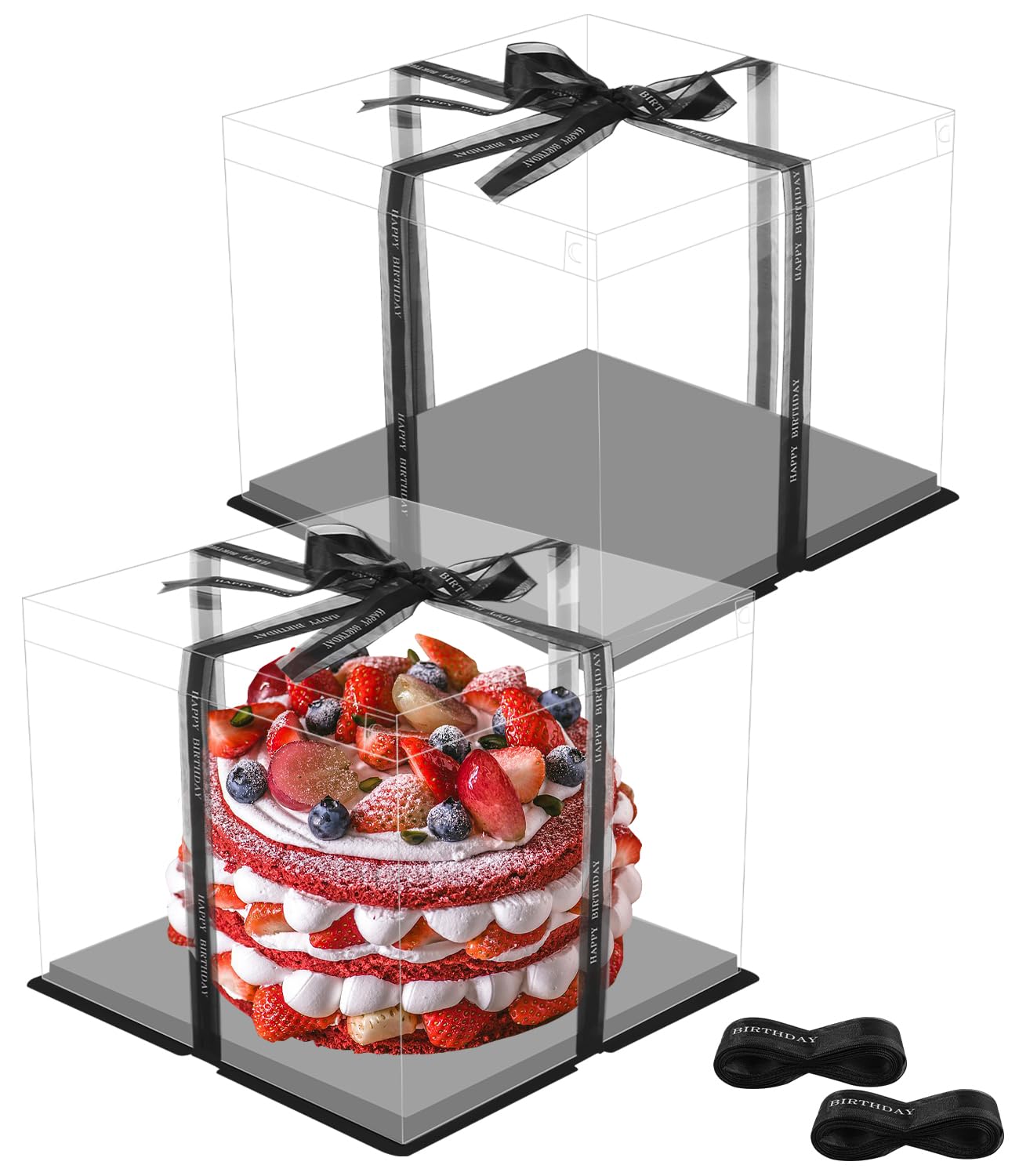 2 Stück Geschenkbox Durchsichtig Tortenschachtel Tortenbox 30*30*25cm Tortenkarton Transparent Torten Kuchen Transportbox Geschenkbox Durchsichtig mit Sockel und Band für Geburtstag Dessert-Schwarz
