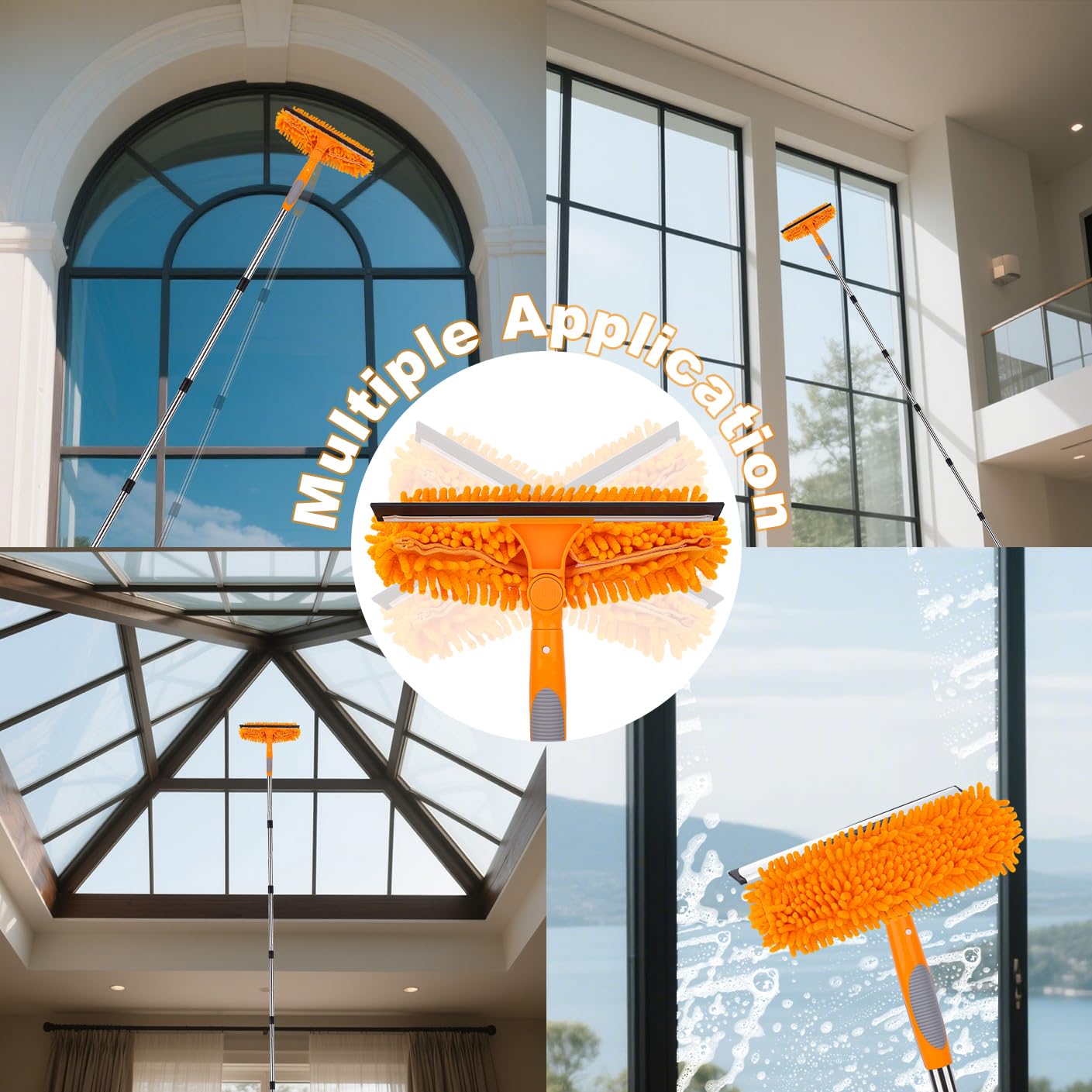 Plumero telescópico con plumero largo extensible con 1,5 ~ 4,9 m, cepillo de limpieza telescópico y cabezal de microfibra, limpiador de ventanas con estropajo, cepillo de telaraña para huecos, techos