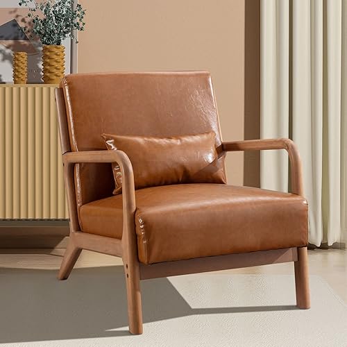 Miniatura 38 de INZOY - Sillón decorativo de mediados de siglo con estructura de madera, tapizados, para sala de estar, con cojín para la cintura, sillón de lectura