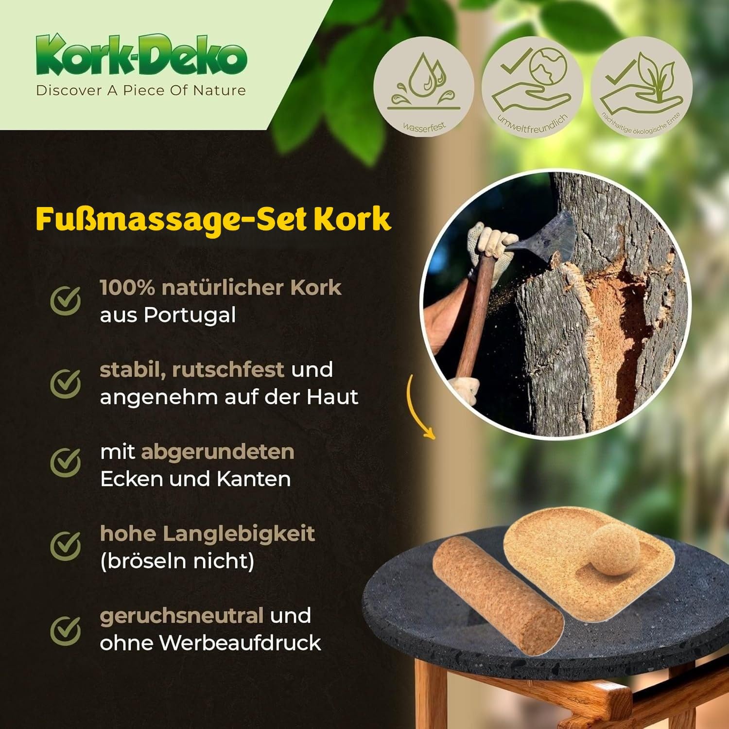 5-teiliges Massage-Set aus Kork | Faszien- und Massagetools aus Presskork | Duoball, Fußrolle, Faszienball & Triggertools | robust & langlebig | Made in Portugal