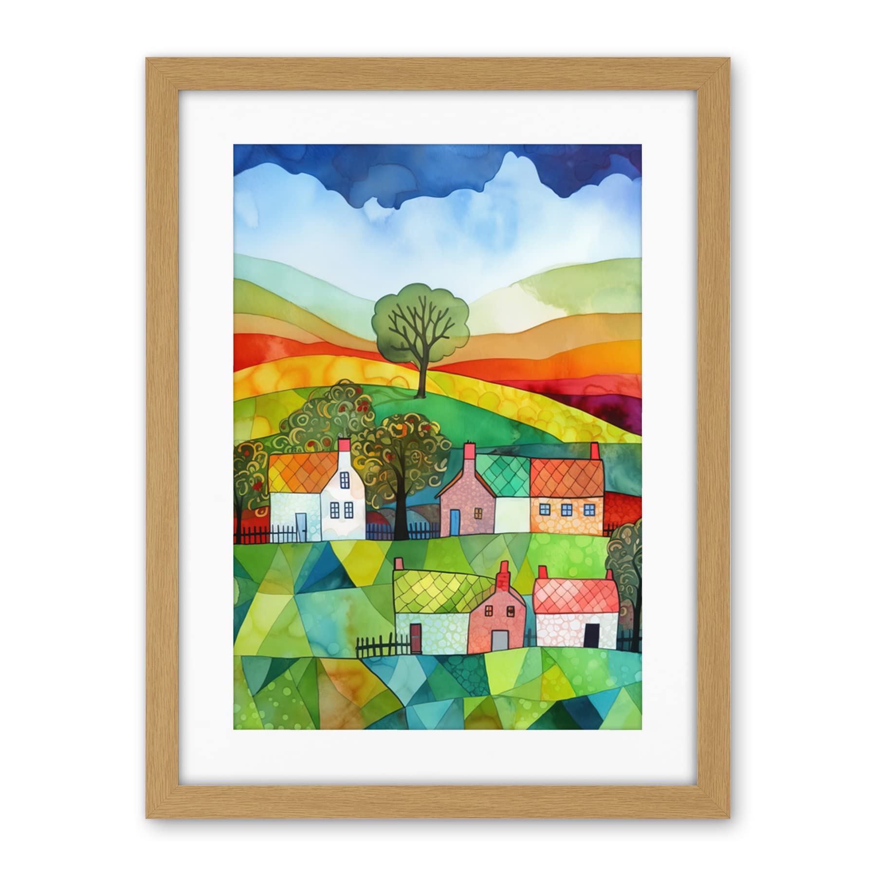 Artery8 Rural Landscape Rainbow Countryside Folk Art Watercolour Painting Artwork Framed Wall Art Print 18X24 Inch