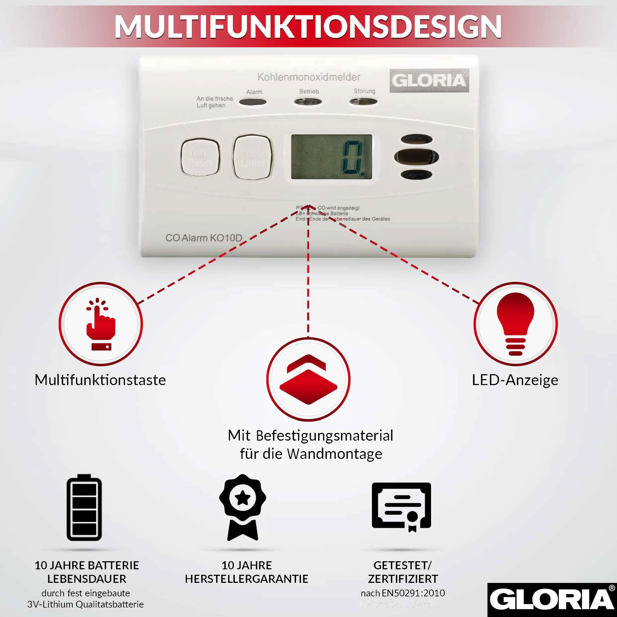 Gloria Kohlenmonoxidmelder KO10D mit 10 Jahren Garantie und fest eingebauter Lithium Batterie