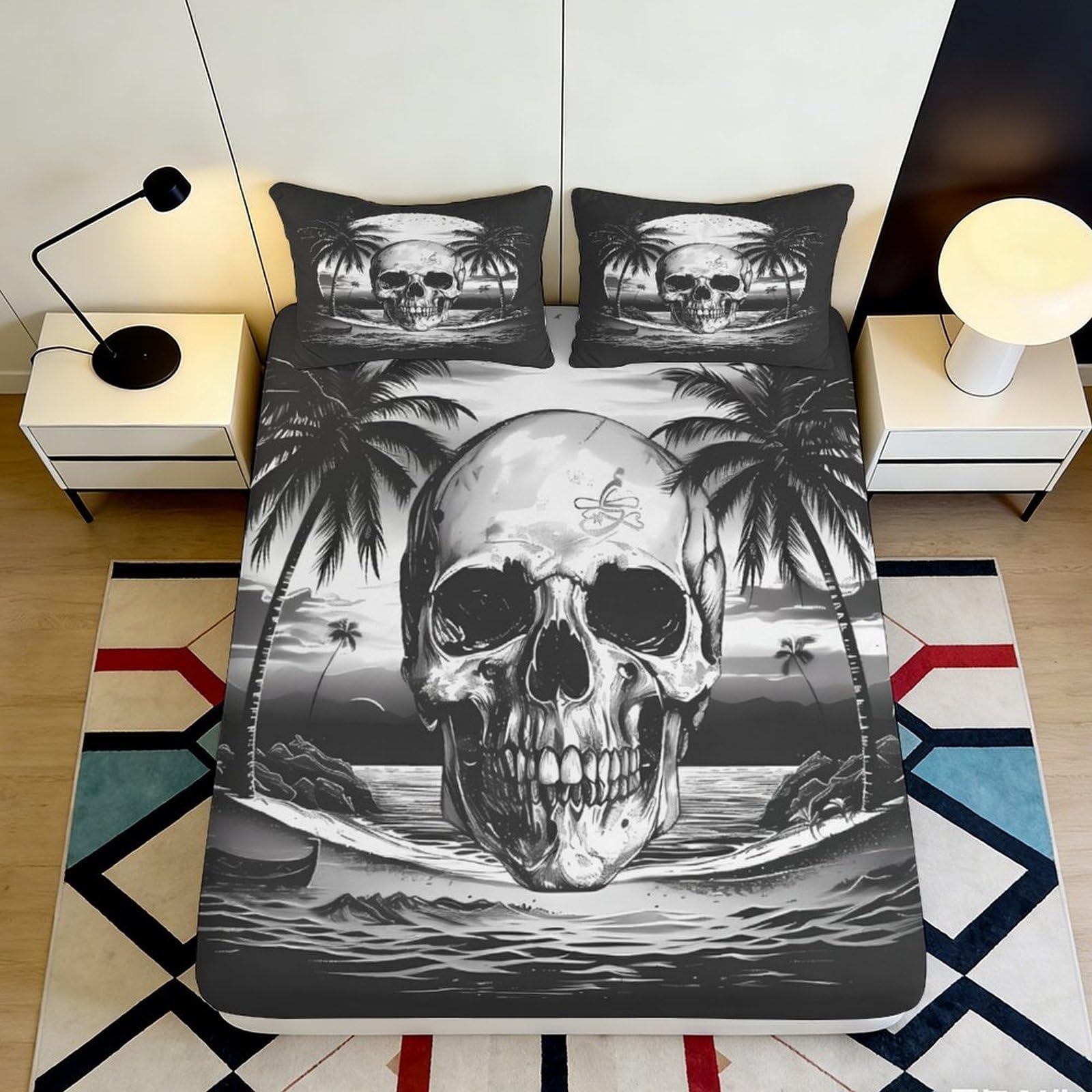 3D Printed Skull Fitted Sheet with Palm Tree Design, Microfiber Soft Touch, Bed Cover for Bedroom Decor, Wrinkle Resistant, Guest Room Bedding, Easy Care, Black Grey 160x200x25cm