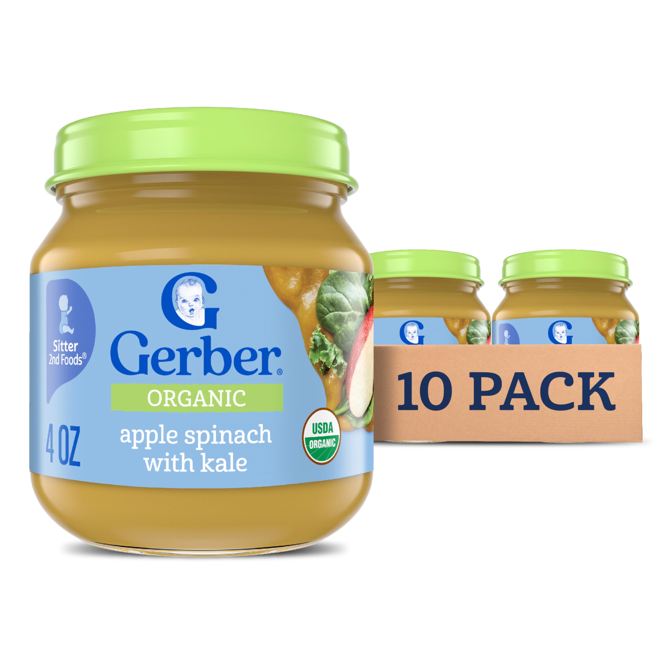 Gerber Stage 2 Baby Food, Organic Apple Spinach with Kale Jar, Fruit & Veggie Puree, Vitamin C, Non-GMO, Baby Food Puree Jars Glass, 10-pack