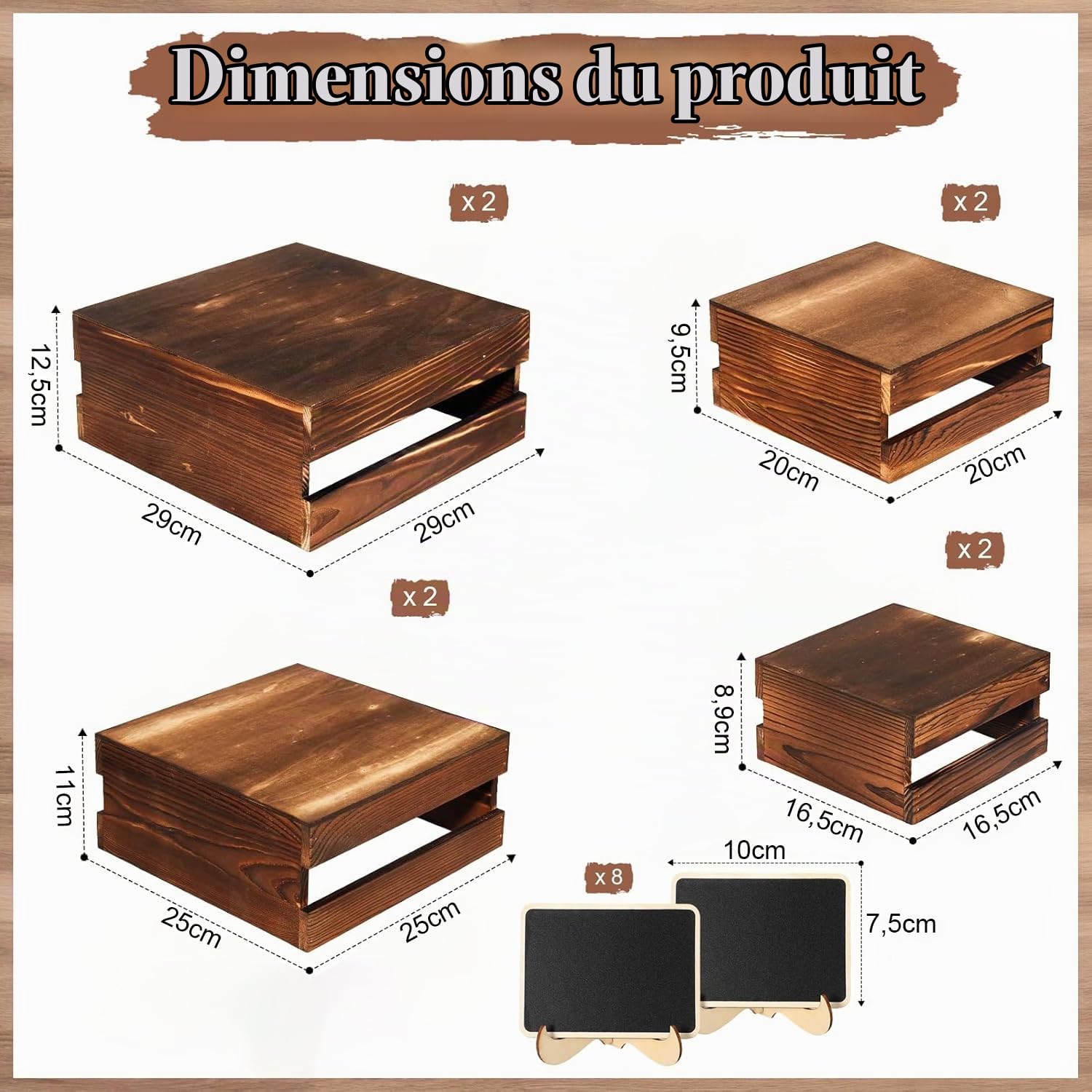 Lot de 8 Presentoir Buffet avec Mini-Panneaux, Présentoirs à gâteaux rustiques en Bois avec Fond Creux, pour Mariage, Anniversaire ou fête
