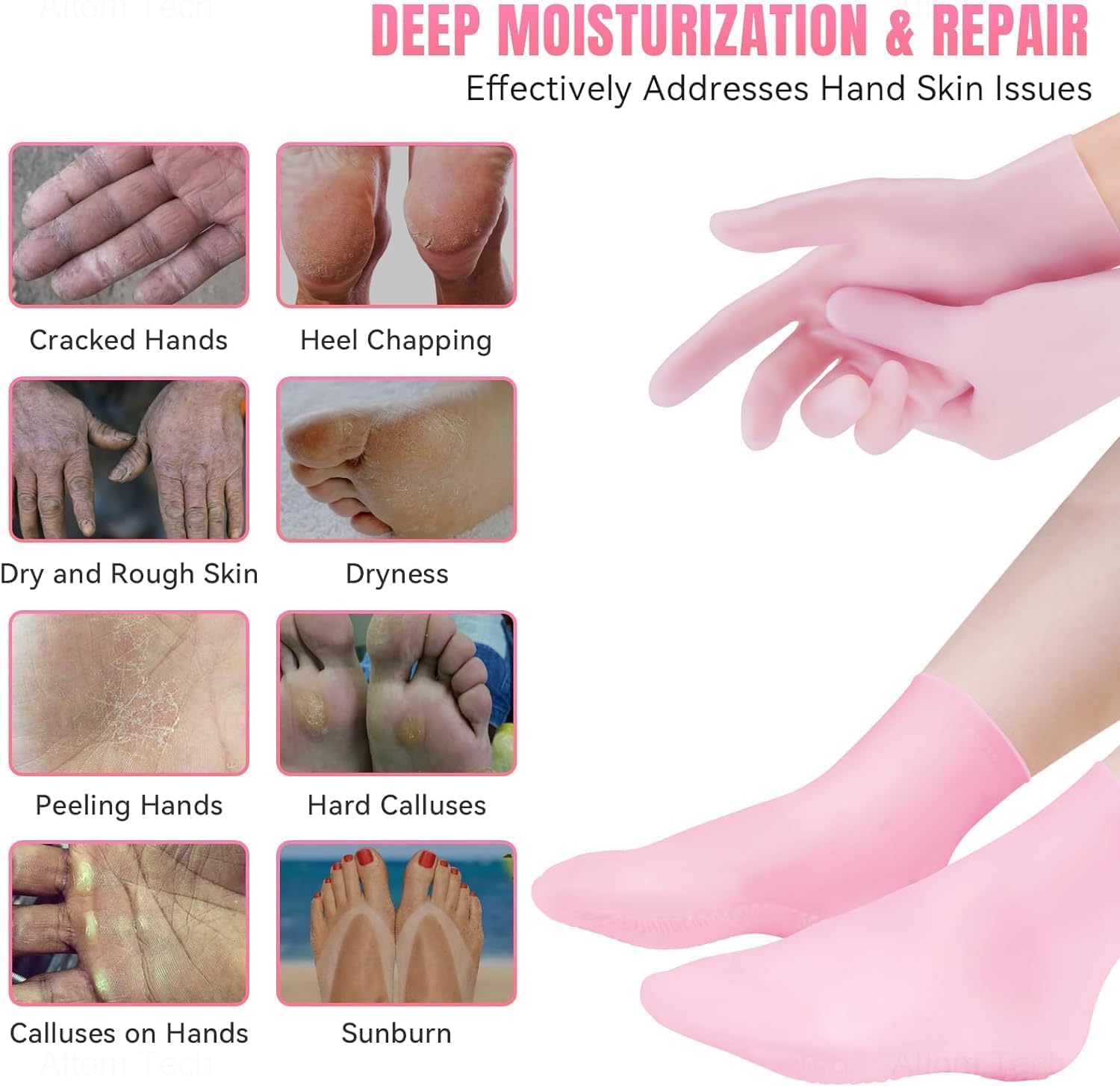 LANFFIA 2 Pairs Silicone Moisturizing Glove Socks Set, Anti Slip Soft Spa Gel Socks Softening Feet Dry Cracked Skin, Women Spa Pedicure Socks for Foot Hand Softening, Foot Care After Pedicure (Pink) - Image 4 thumbnail