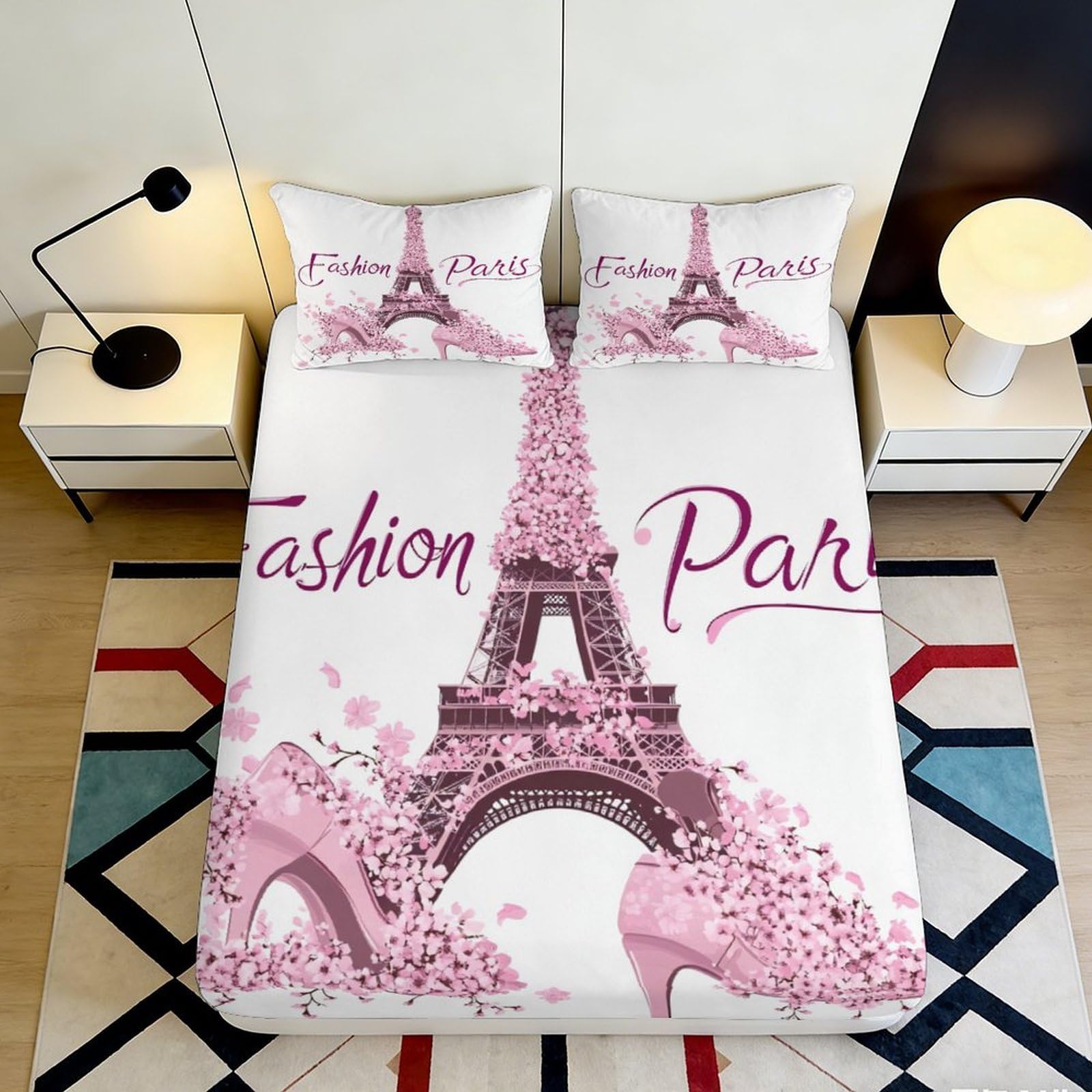 3D Printed Eiffel Tower Fitted Sheet Soft Microfiber Deep Pocket Elastic Hem for Bedroom Paris Pattern Mattress Fitted Cover Washable 200x200x25cm 90x200x25cm