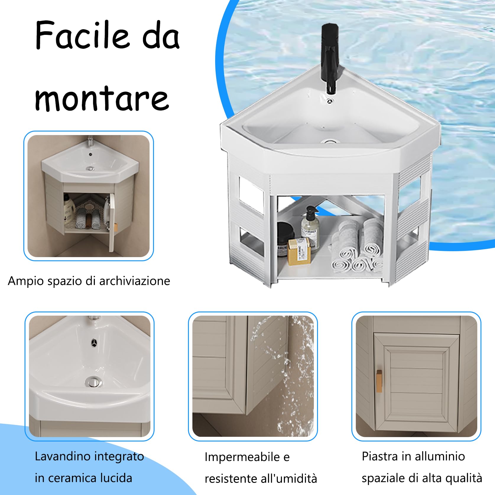 Lavello in ceramica Lavello da bagno a parete lavabo angolare, Lavabo ad angolo in ceramica per piccoli spazi, Lavandino bagno, per cucina, WC, bagno, caravan, bianco Nero-43 * 43