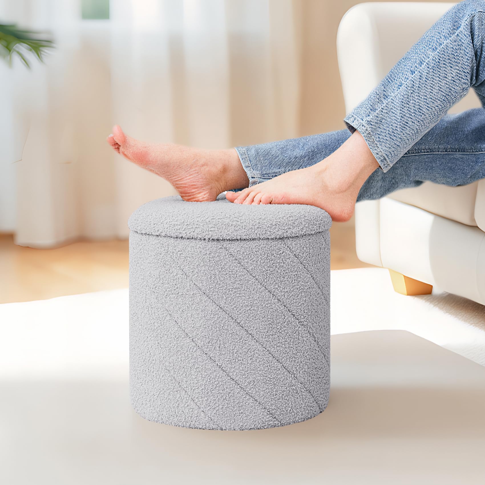 PINPLUS Pouf rotondo con contenitore, poggiapiedi convertibile in morbido bouclé, imbottito e pieghevole, per soggiorno e camera da letto, 33 x 33 x 35 cm, grigio