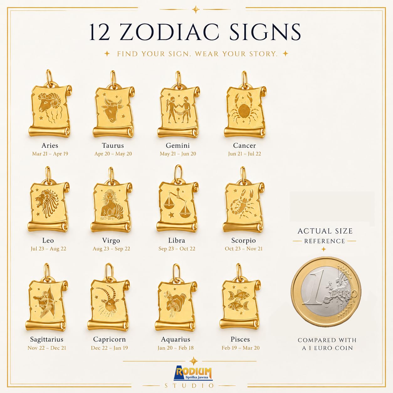 Rodium - Ciondolo in oro con segno zodiacale, oro 14 carati/585, charm per collana o collana, ideale come regalo per gioielli in oro