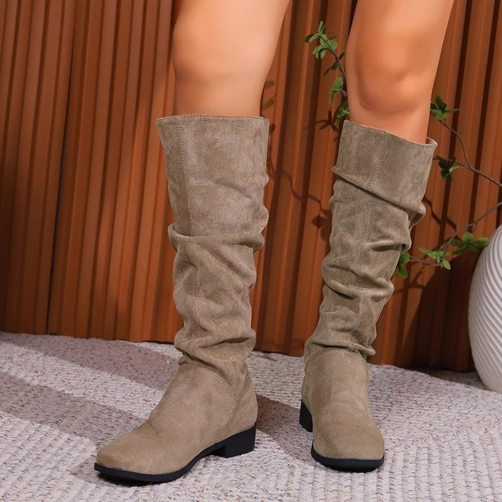 Generisch Bottines pour femme - Style rétro - Couleur unie - En daim - Grandes tailles - Talon bloc - Hauteur de tige moyenne - Bottes d'équitation confortables
