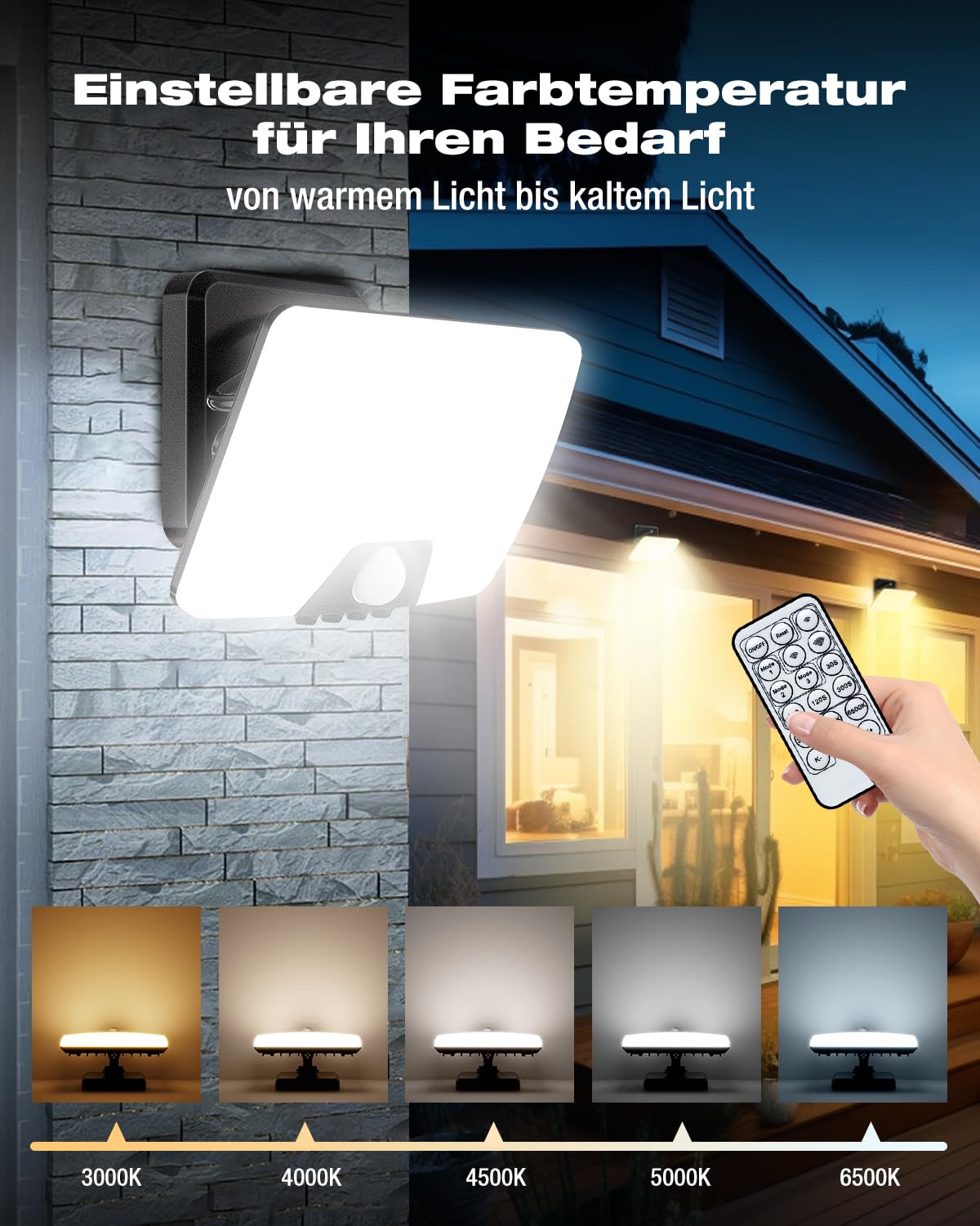 vighep Aussenlampe mit Bewegungsmelder, 24W Led Strahler Außen mit Fernbedienung, 3000K-6500K Scheinwerfer mit 3 Leuchtmodi, IP65 Wasserdicht Fluter Flutlicht für Garage Garten Hof