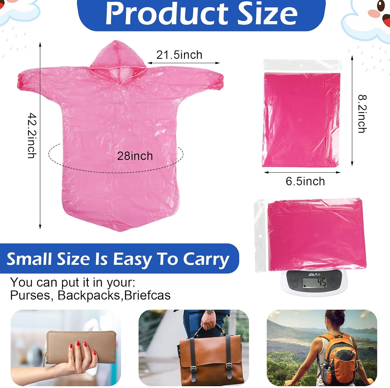 Berlune 40 Pcs Kid Ponchos Bulk Disposable Kids Rain Ponchos Bulk Emergency Raincoat with Elastic Sleeves(Blue, Green, Yellow, Purple, Pink) - Image 3