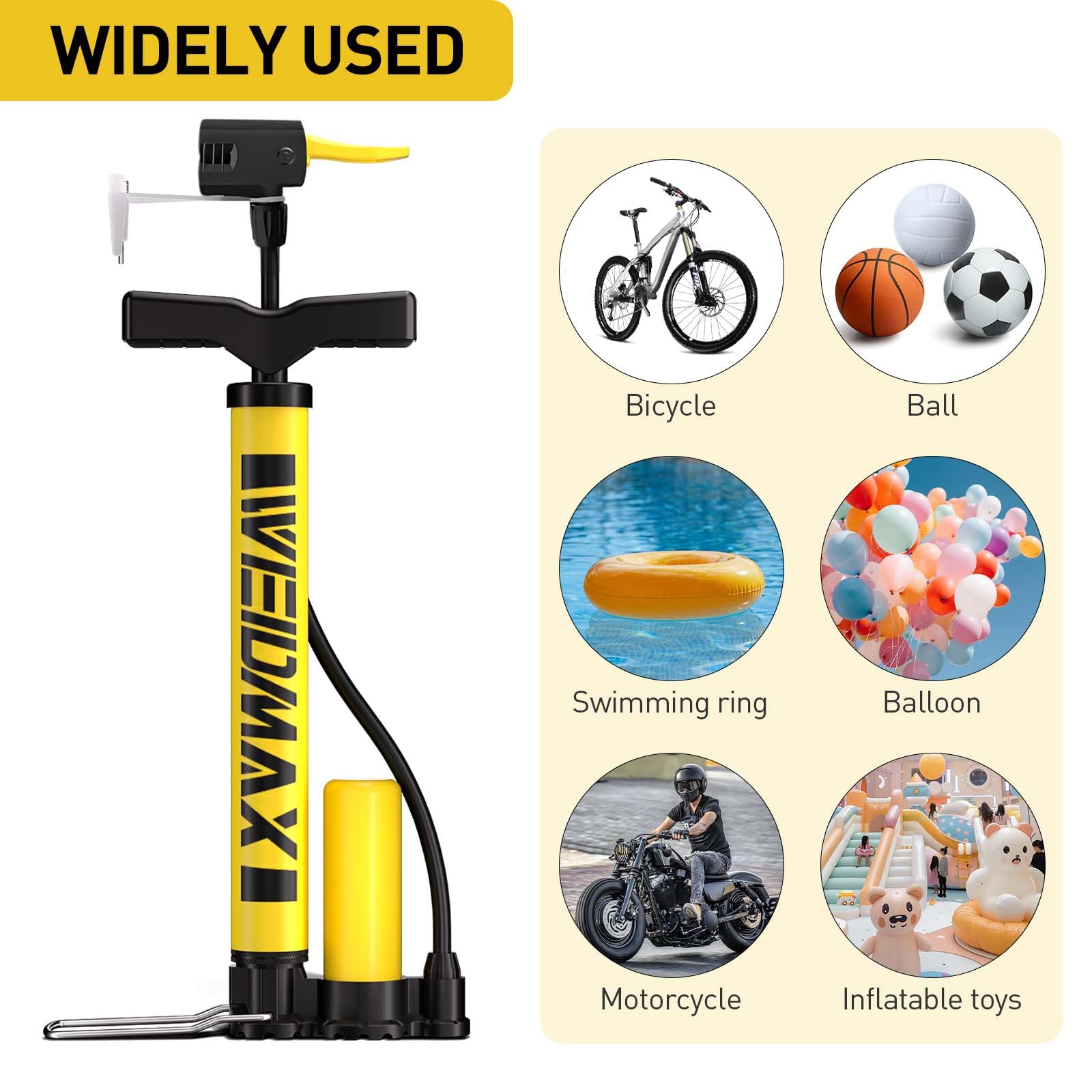 Bike Pump Portable, Bike Tire Inflator, Bicycle Hand Air Pump with Presta and Schrader, Ball Pump Inflator Bicycle Floor Pump Suitable for Baby Stroller Tires, Balls, Road and Mountain Bikes