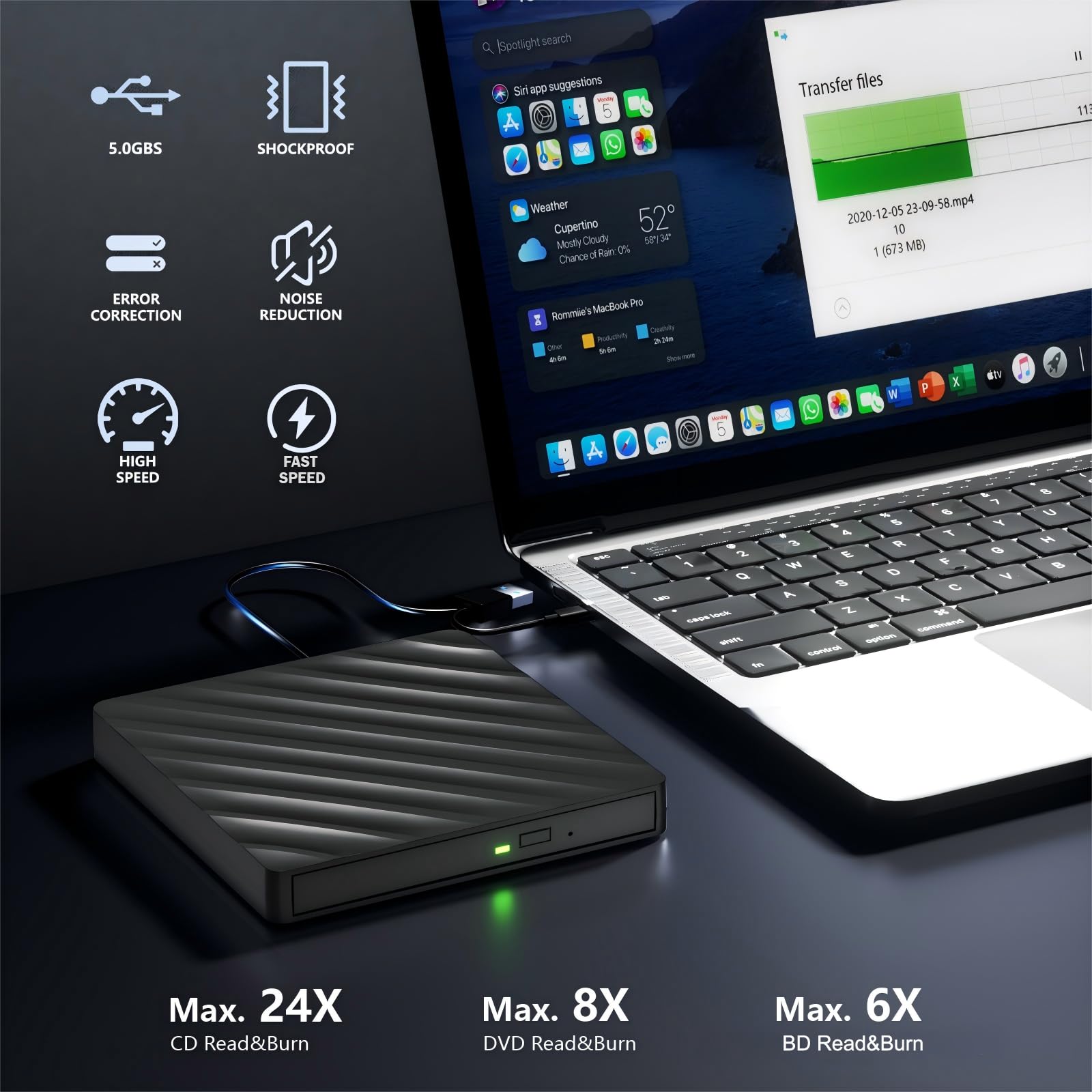 Wbacon 5-in-1 Bluray Laufwerk Extern Externer Bluray Brenner DVD Burner External Blu Ray Drive for Laptop with SD/TF Slot Compatible with Windows MacOS Linux (5-IN-1)