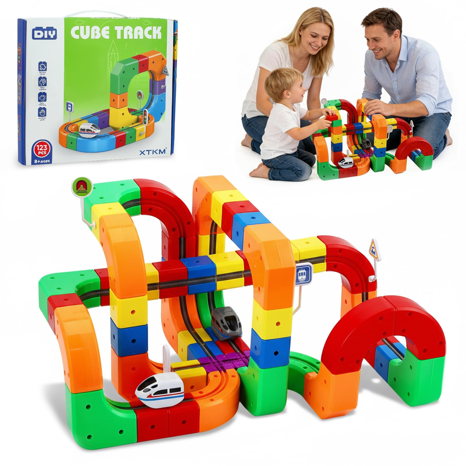 Set di treni cubici Magic Rail da 123 pezzi, set di treni elettrici, layout 3D incorporati, pista da corsa flessibile, giocattolo per la costruzione di auto motorizzate che sfidano la gravità