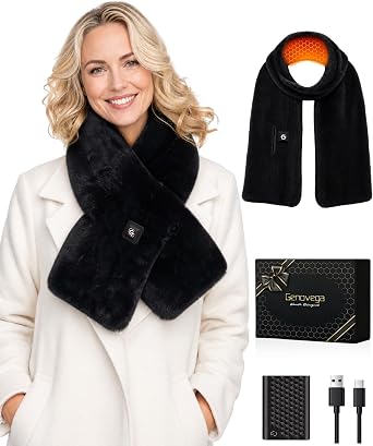 Heated Faux Fur Scarf for Women, Rechargeable Heating Shawl with Power Bank