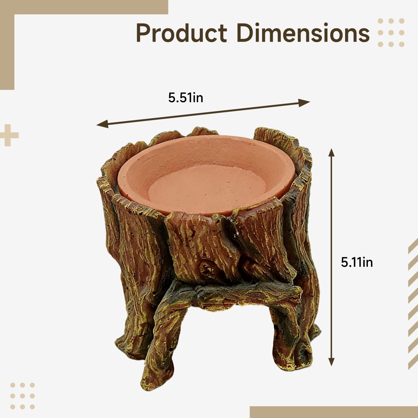 Nascondiglio per rettili marrone a forma di tronco d'albero, grotta umidificante con ciotola dell'acqua in ceramica rimovibile, 13 x 14 x 14 cm, decorazione per acquario, tartaruga di terra, lucertola