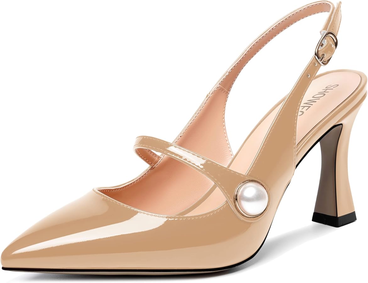 SHOWFOREST Women's Patent Slingback Pumps - 3.3 Inch Block Heel, Round Toe Office Shoes - View #5