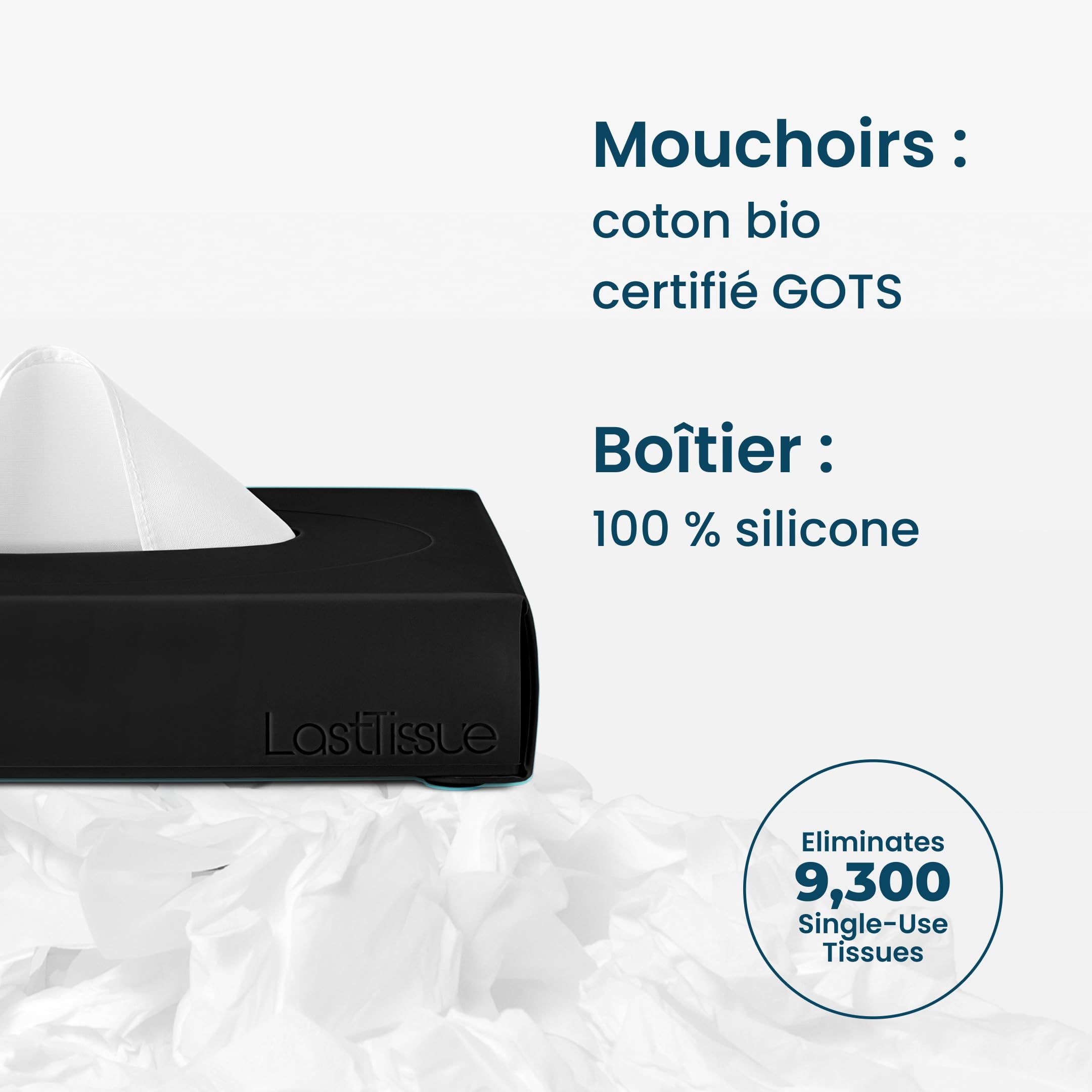 Boîte de mouchoirs en coton réutilisables LastTissue® | Serviettes pour le visage et mouchoirs pour hommes et femmes – Mouchoirs lavables et durables avec étui de rangement - Noir