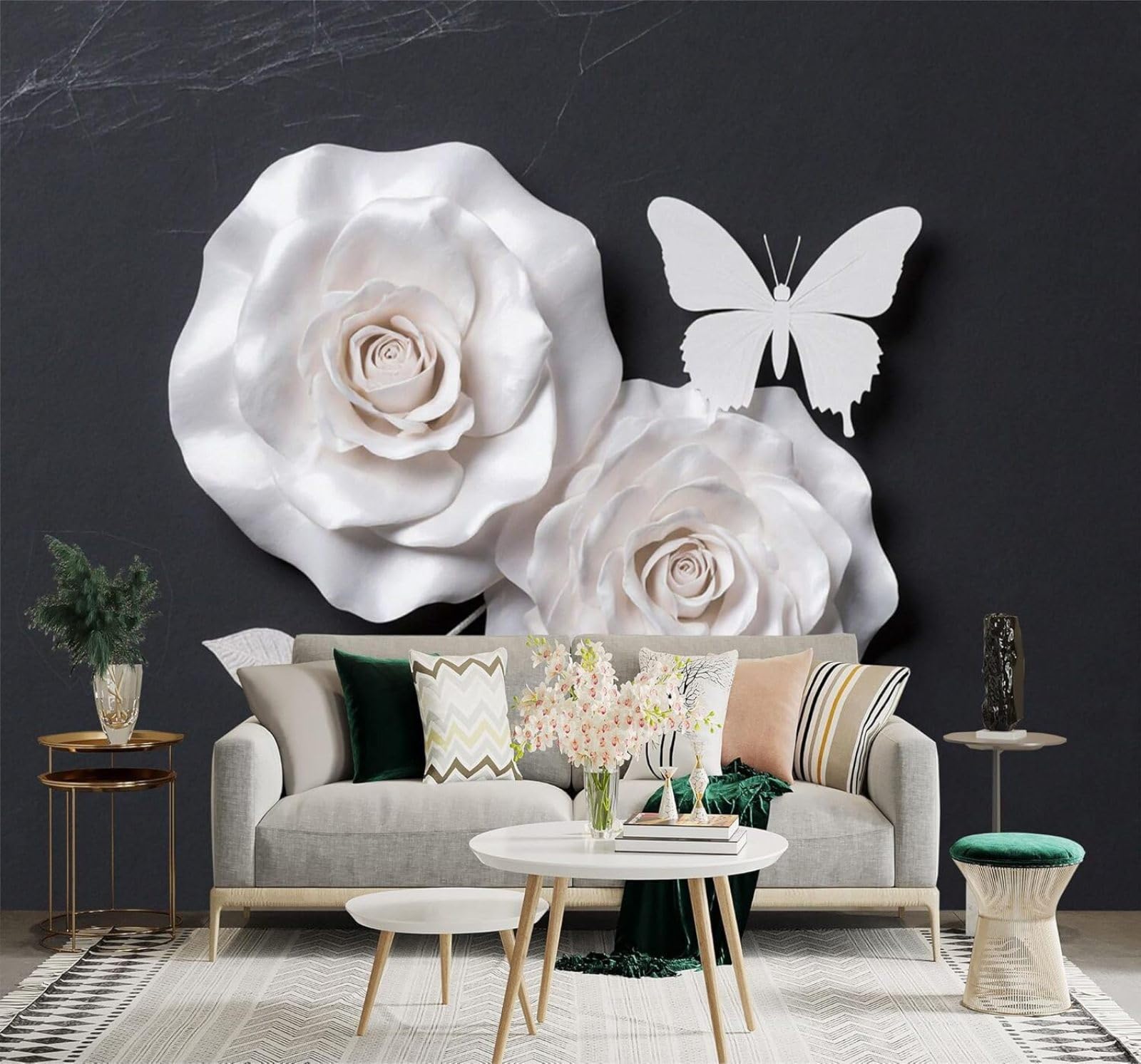 3D Papel Pintado Rosa Blanca Mariposa Fondo Negro Flores Elegantes Arte