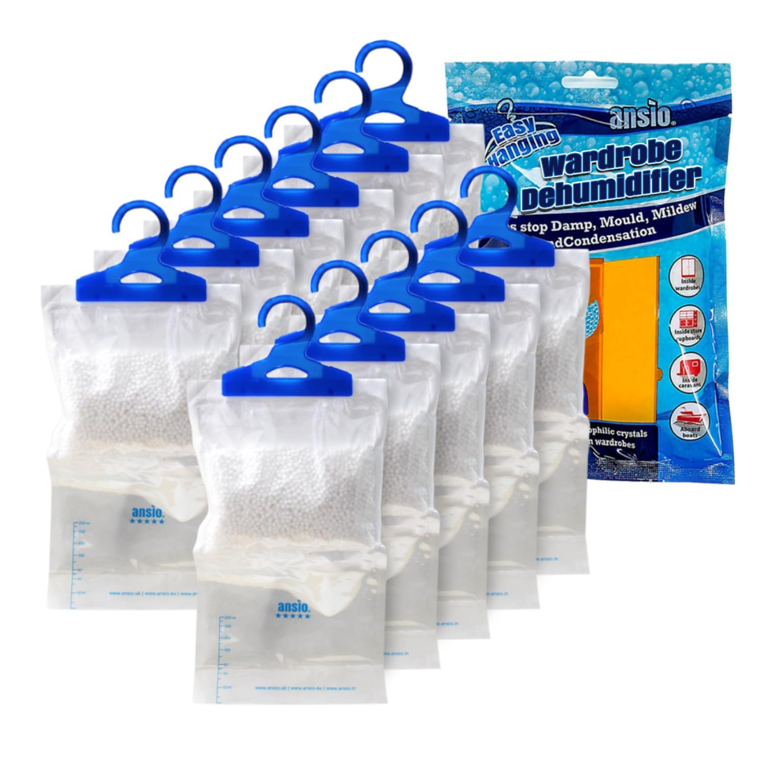 ANSIO Hanging Interior Wardrobe Dehumidifier Bags Pack of 24, Trap, Condensation, Dehumidifiers for Damp, Mould, Bedroom, Caravan, Bathroom, Basement, Office – 210g Each — image 1