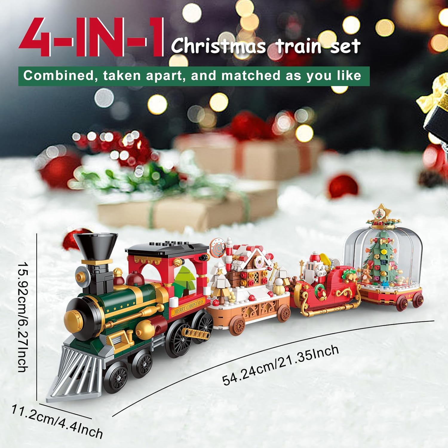 Assembled 4-in-1 Christmas train set with dimensions