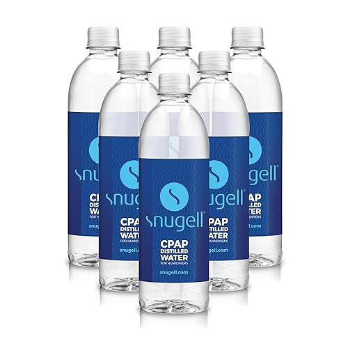 Snugell Agua destilada embotellada de tamaño de viaje para máquinas CPAP, (paquete de 6, 20 onzas cada una), suministro de hasta 12 días, multiuso,