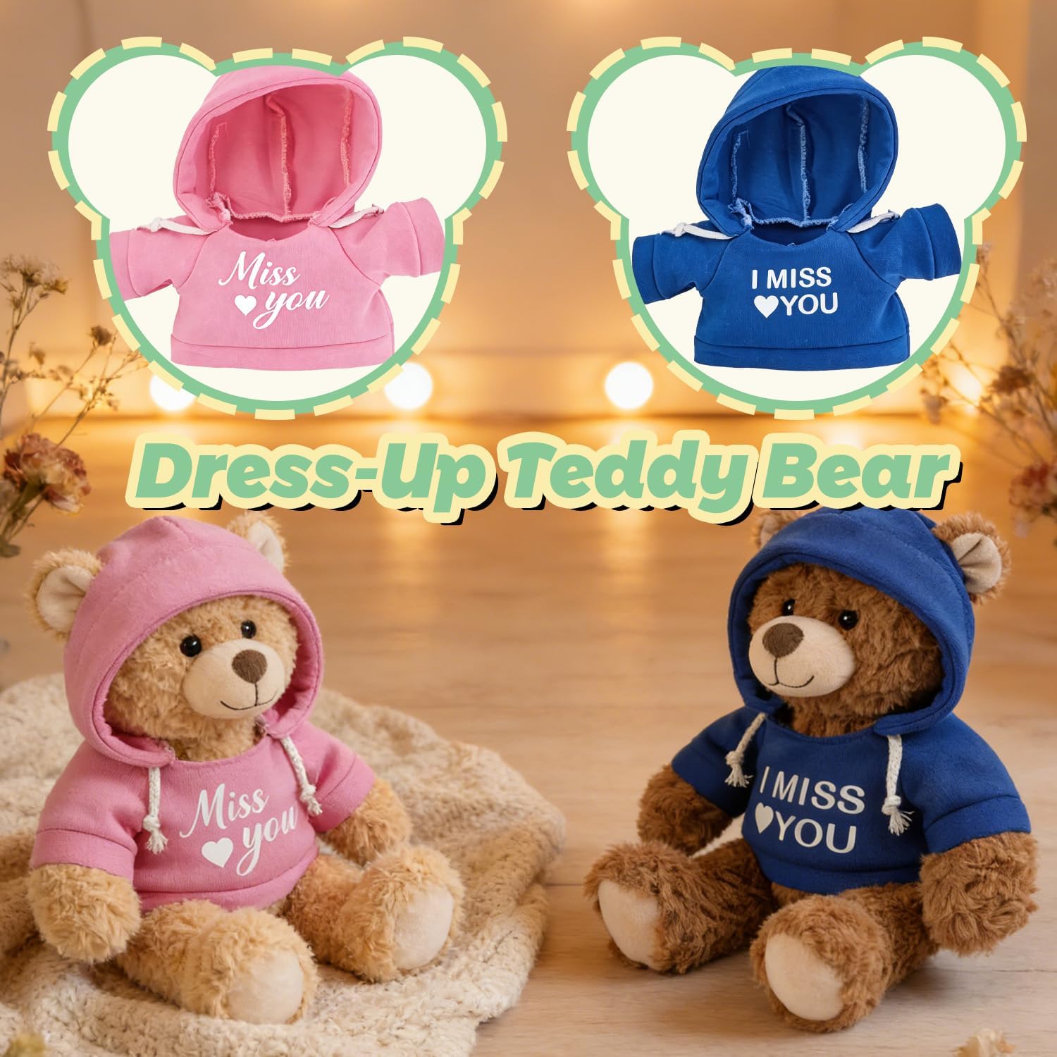 2 Pcs Miss You Teddy Bears Plush Dolls 8.7" Stuffed Bear Animal Set Hoodie-Wearing Bear with I Miss You Valentine’s Cozy Bear for Girlfriend Girls Boys Kids Baby Gift (Pink + Blue)