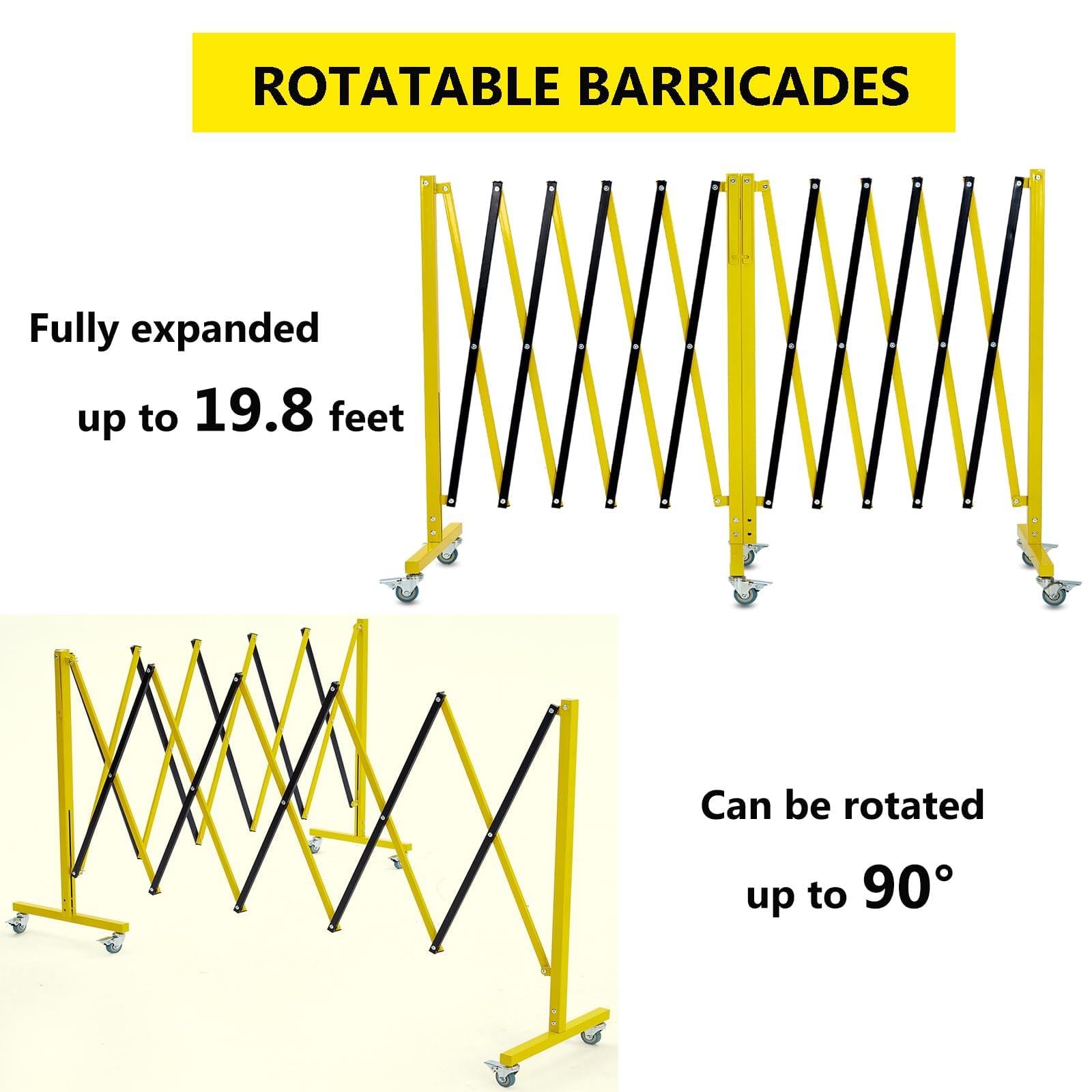 Expandable Metal - Portable 19.8ft Safety Barrier with Electrostatic Spraying, Highly Visible Colors, Combinable Design, Practical Warning Board, Easy Mobility with Locking Casters