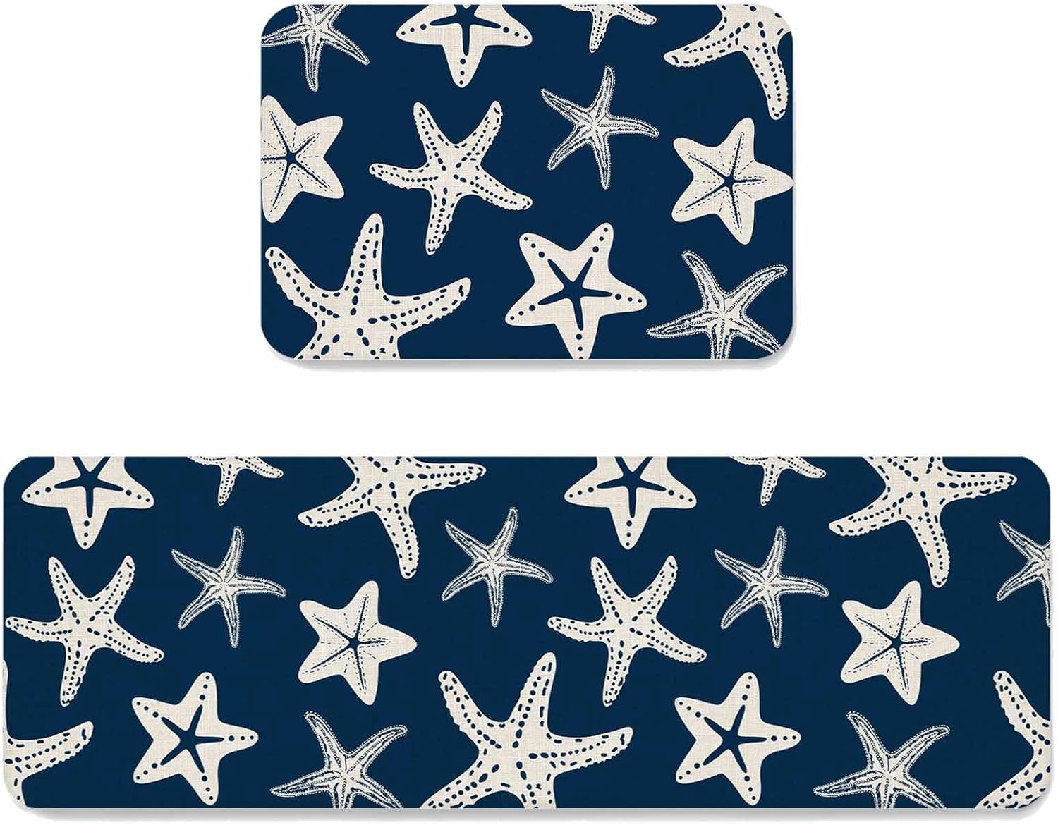 Starfish Kitchen Mats Set of 2 Summer Beach Nautical Ocean Sea Star Marine Life Navy Blue Non Slip Mat Washable Floor Rug for Kitchen Sink Floor Laundry, 19.7"x31.5"+19.7"x63"