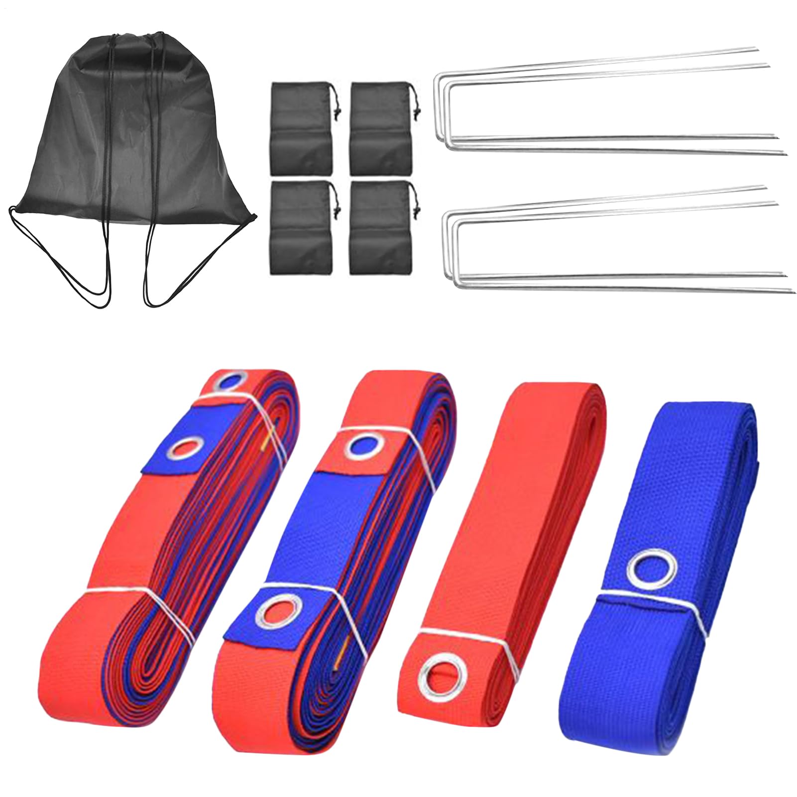 Ensemble de lignes de volleyball de plage - Marquage de terrain de volley-ball portable pour jardin - Ruban rouge et bleu avec barres de terre - Lignes de volleyball d'extérieur pour pelouse