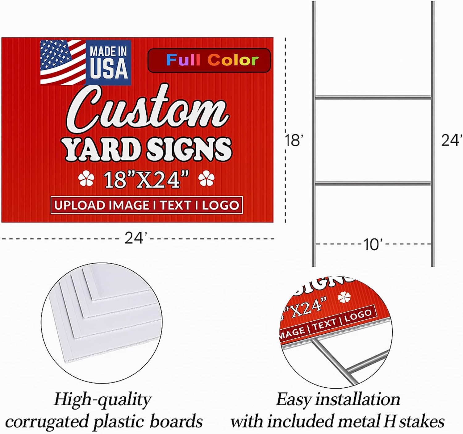 24"X18"Pack of10,Custom Yard Signs | Double Sided,4mm Weatherproof Corrugated Plastic, with Metal "H" Stake,Outdoor Customizable Sign Cutout, Made in USA, Quick Production & Shipping